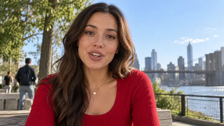 Original close-up video of a presenter outdoors in a red top