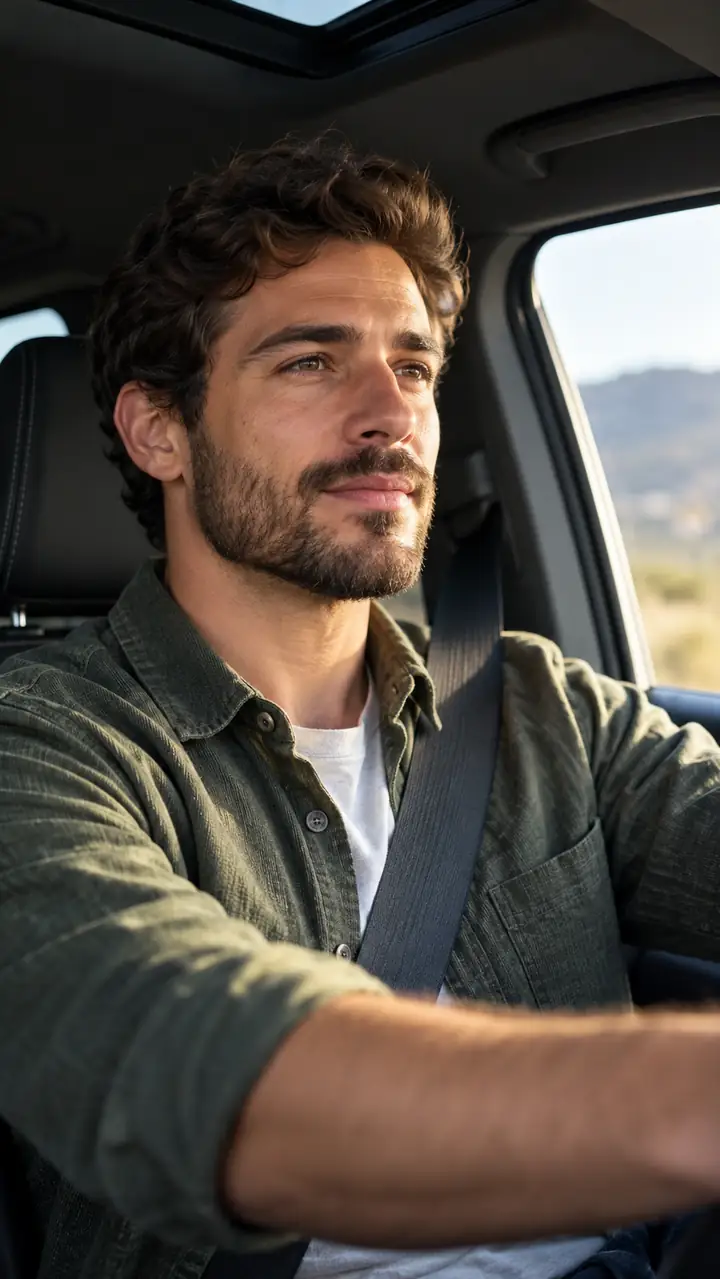 Original vertical video of a man seated inside a car