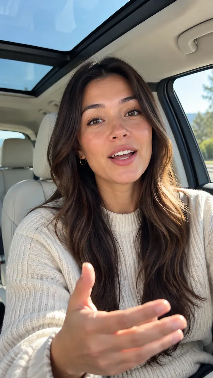 Original vertical video of a person speaking from a bright car interior