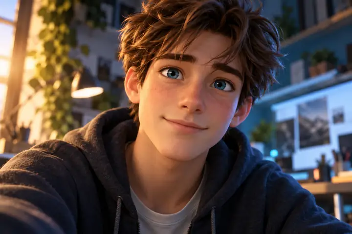 Original close-up animation of a young character with brown hair and blue eyes