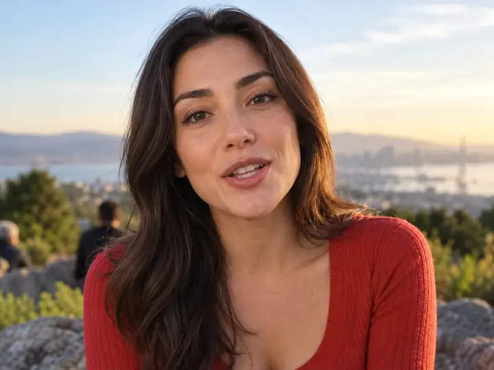 Lip-synced close-up video of a presenter outdoors in a red top