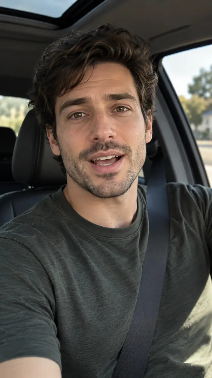 Lip-synced vertical video of a man seated inside a car