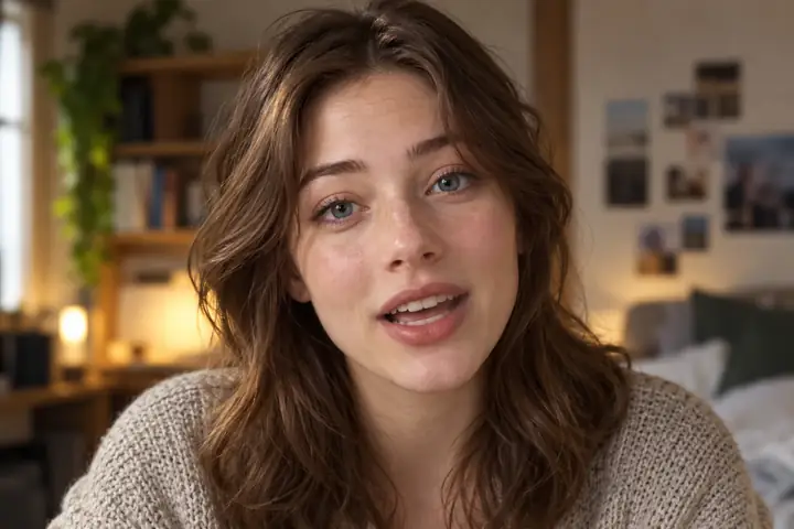 Lip-synced close-up animation of a young character with brown hair and blue eyes