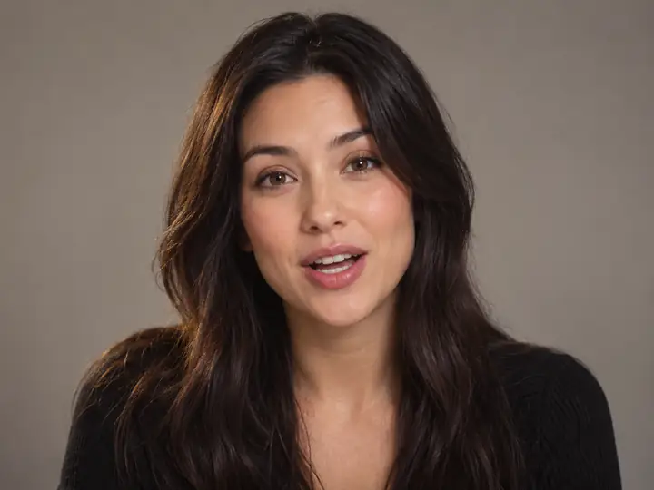 Lip-synced portrait animation of a dark-haired woman speaking against a neutral background
