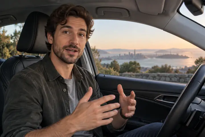 Person delivering a calm tutorial from the driver's seat of a parked car