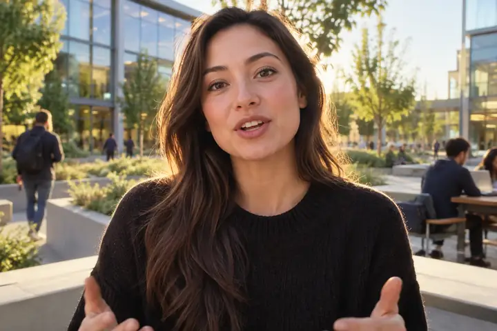 Close-up presenter speaking outdoors in soft afternoon light