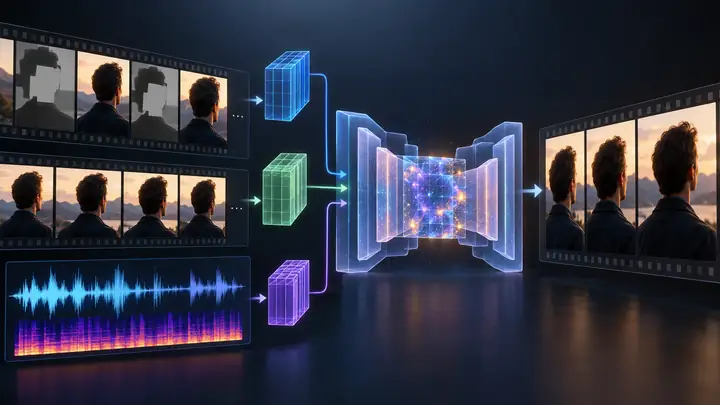 Technical diagram showing masked frames and reference frames entering a latent diffusion network alongside Whisper audio embeddings, then producing estimated talking frames